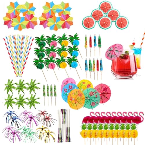 Cocktail-Zubehör, Party-Dekorationsset mit Regenschirmen, Strohhalmen und Wunderkerzen, für Bar, Geburtstag, Strandpicknicks und Kuchendekoration, 140-teilig von PACIOCEAN