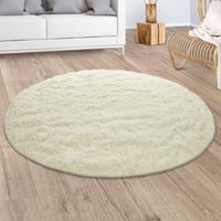 Paco Home - Hochflor Teppich Wohnzimmer Fellteppich Kunstfell Weich Rutschfest Gelblich-Weiß ø 120 cm Rund von PACO HOME