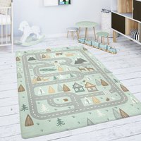 Paco Home Kinderteppich Teppich Kinderzimmer Spielmatte Straße Bär Elch Bäume Grün Grau 80 cm Rund von PACO HOME