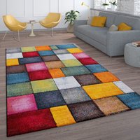 Kurzflor Wohnzimmer Teppich Bunt Karo Design Vierecke Mehrfarbig Farbenfroh 200x290 cm - Paco Home von PACO HOME