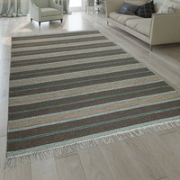 Natur Teppich Wolle Modern Handgewebt Gestreift Kelim Design Fransen Braun Beige 60x110 cm - Paco Home von PACO HOME