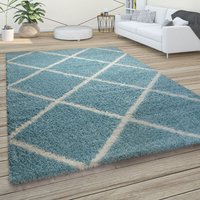 Hochflor Teppich Weicher Wohnzimmer Shaggy Skandinavischer Stil Rautenmuster Türkis, 300x400 cm - Paco Home von PACO HOME