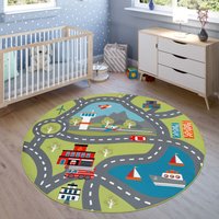 Paco Home Kinder-Teppich Für Kinderzimmer, Spiel-Teppich Mit Straßen-Motiv, In Grün Ø 160 cm Rund von PACO HOME