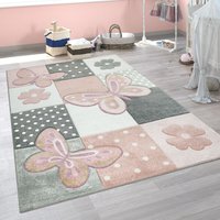 Kinder Teppich Kinderzimmer Bunt Rosa Schmetterlinge Karo Muster Punkte Blumen 120x170 cm - Paco Home von PACO HOME