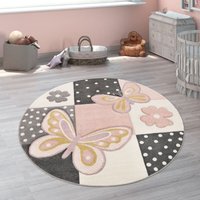 Kinder Teppich Kinderzimmer Bunt Rosa Schmetterlinge Karo Muster Punkte Blumen ø 160 cm Rund - Paco Home von PACO HOME