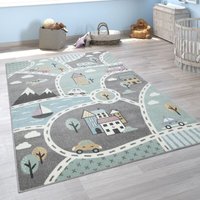 Kinder-Teppich Mit Straßen-Motiv, Spiel-Teppich Für Kinderzimmer, In Grün Grau 120x170 cm - Paco Home von PACO HOME