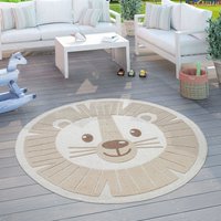 Kinderteppich Kinderzimmer Outdoorteppich Rund Spielteppich 3D Effekt Löwe Beige ø 160 cm Rund - Paco Home von PACO HOME