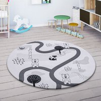 Paco Home - Kinderteppich Kinderzimmer Teppich Spielmatte Straßenteppich Rutschfest Weiß Grau 150 cm Rund von PACO HOME