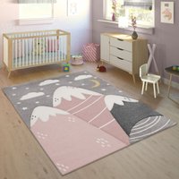 Paco Home Kinderteppich Teppich Kinderzimmer Junge Mädchen Berge Sterne Wolke 3D Grau Pink 140x200 cm von PACO HOME