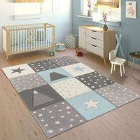 Kinderteppich Teppich Kinderzimmer Pastell Kariert Punkte Mond Sterne Weiß Grau Blau 240x340 cm - Paco Home von PACO HOME