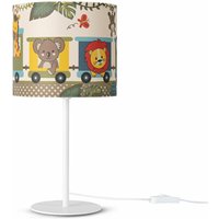 Paco Home Tischlampe Kinderzimmer Nachtisch Lampe Stoffschirm Wandleuchte RundTiere Tischleuchte - Weiß, Design 2 (Ø18 cm) von PACO HOME