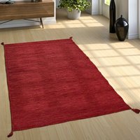 Wohnzimmer Natur Teppich m. Fransen, Moderner Handgewebter Kelim, 100% Baumwolle 200x290 cm, Rot - Paco Home von PACO HOME