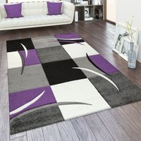 Paco Home - Wohnzimmer Teppich In Versch. Farben und Größen Karo Muster Streifen 3-D Design Kurzflor 200x290 cm, Lila von PACO HOME