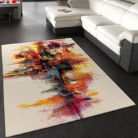 Paco Home - Teppich Wohnzimmer Schlafzimmer Kurzflor Modern Gemälde Optik Creme Rot Gelb 200x290 cm von PACO HOME