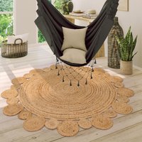 Teppich Rund Wohnzimmer Jute Boho Ethno Muster Modern Handgefertigt Naturteppich 80 cm Rund, Natur 2 - Paco Home von PACO HOME