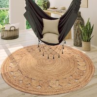 Teppich Rund Wohnzimmer Jute Boho Ethno Muster Modern Handgefertigt Naturteppich 120 cm Rund, Natur - Paco Home von PACO HOME