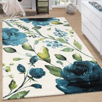 Paco Home - Teppich Wohnzimmer Kurzflor Florales Muster Modern Blumen Muster Creme Blau 120x170 cm von PACO HOME