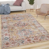 Teppich Wohnzimmer Kurzflor Vintage Orient Muster Mit Bordüre Modern Gelb Rot 60x100 cm - Paco Home von PACO HOME