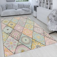 Retro Teppich Bunt Wohnzimmer Rauten Muster Boho Stil Blumen Design 3-D Kurzflor 120x170 cm - Paco Home von PACO HOME