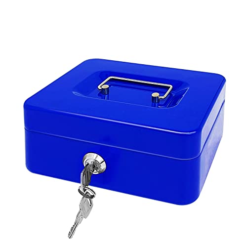 Stahlkassette mit Schlüsselschloss, Metall-Geldkassette mit Geldfach, Geldaufbewahrungsbox mit abschließbarem Deckel (Blau, 20 * 16 * 8.5 CM) von PACOLO