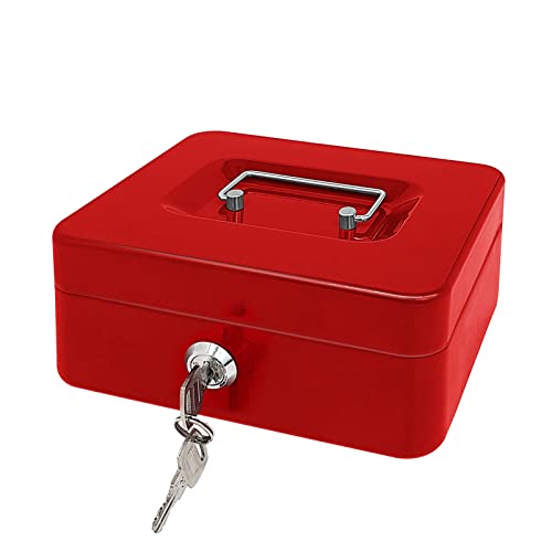 Stahlkassette mit Schlüsselschloss, Metall-Geldkassette mit Geldfach, Geldaufbewahrungsbox mit abschließbarem Deckel (Rot, 20 * 16 * 8.5 CM) von PACOLO