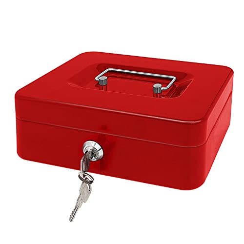 Stahlkassette mit Schlüsselschloss, Metall-Geldkassette mit Geldfach, Geldaufbewahrungsbox mit abschließbarem Deckel (Rot, 25 * 20 * 8.5 CM) von PACOLO
