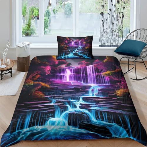 Lila Wasserfall 3D Bettwäsche Set,100% Microfaser,Bequem Und Weich Night View Bettbezug, Mit Reißverschluss Und Kissenbezug 2 Teilig Passen Für Jungen Mädchen Single（135x200cm） von PACUM