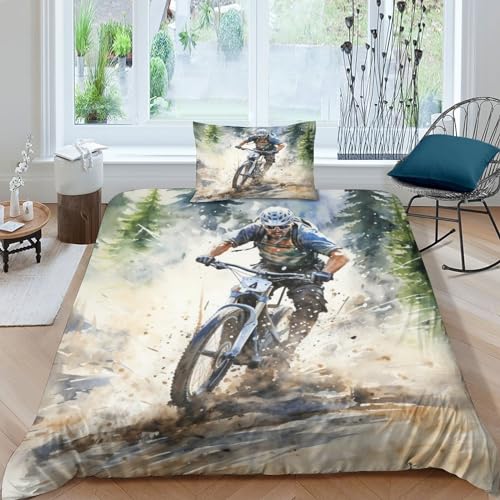 Mountain Biking Luxuriöser Dirt Bike Bettbezug 2 Teilig, 3D Print, Weiche Microfaser, Mit Reißverschluss Bettwäsche, Elegant Für Alle Jahreszeiten, Passend Für Kinder Und Erwachsene Single（135x200cm） von PACUM