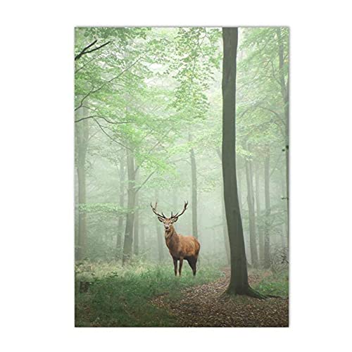 PACUM Wohnzimmer Bilder Modern Leinwand Bilder Grüner Wald Hirsch Landschaft Bild Kunstdrucke Nordische Wand Bilder Moderne Wanddekoration Bild 40x60cm (Ungerahmt) von PACUM