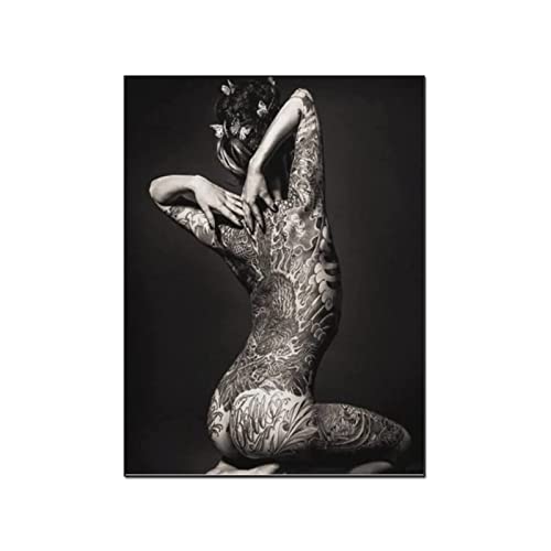 Poster & Kunstdrucke Bilderposter Japanische Geisha Tattoo Mädchen Poster Schwarz-Weiß Sexy Frauen Wand Bilder Dekoration Leinwand Bild Poster 50x70cm (Ungerahmt) von PACUM