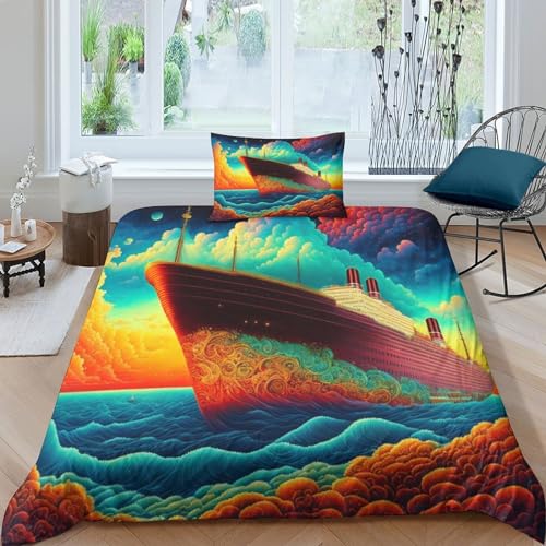 Titanic Bettbezug Jungen Mädchen Psychedelic Bettwäsche Set 3D Print Muster Betten Set Mit Reißverschluss Sanft Mikrofaser Kopf Kissenbezug 2 Teilig Single（135x200cm） von PACUM