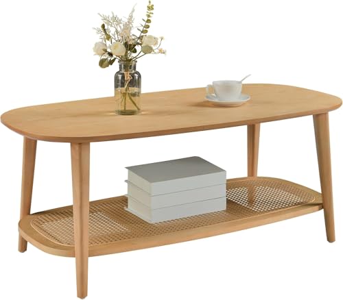 PADMA HOUSE Couchtisch mit Rattan Regal Wohnzimmertisch Kleiner Kaffeetisch mit Stauraum Beistelltisch aus Holz moderner Table Basse für Wohnzimmer Schlafzimmer von PADMA HOUSE