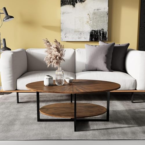PADMA HOUSE Massivholz Ovaler Couchtisch mit Kreuzmetallbeinen, 110cm moderner Industral Center Tisch mit offenem Regal Cocktail Tee Tisch für Wohnzimmer Schlafzimmer (Rustikal Braun) von PADMA HOUSE