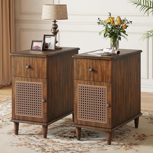 PADMA HOUSE Nachttisch Schmal, Beistelltisch mit 1 Schubladen und 1 Schrank, Telefontisch Schmal, Sofatisch für Schlafzimmer, Wohnzimmer (Nussbaum 2er) von PADMA HOUSE