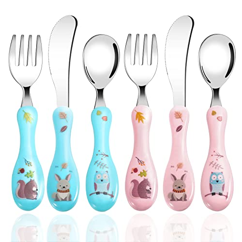 6-teiliges Kinderbesteck, Kinder Besteckset mit süßem Muster, 2 Messer, 2 Gabeln, 4 Löffel, Kinderbesteck Edelstahl mit Rundem Griff für Jungen Mädchen (Blau, Pink) von PAEFIU