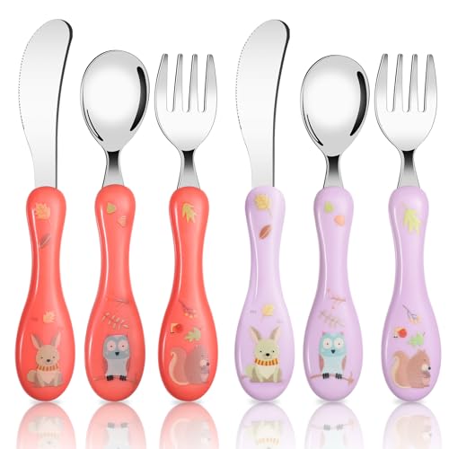 PAEFIU Kinderbesteck Set 6-teilig, 2 x Kindermesser 2 x Babylöffel 2 x Kindergabel, Kinder Besteckset Edelstahl Kindergeschirr mit Tiermuster für Mädchen Jungen von PAEFIU