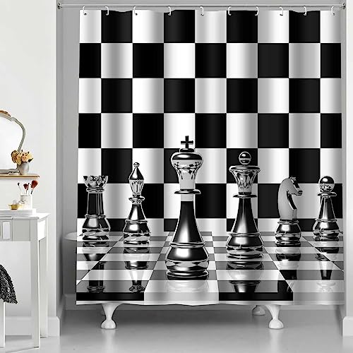 PAEOT YLOKPA0412 Schach-Duschvorhang, schwarz-weiß kariert, Badezimmer-Vorhang, Schachfiguren, Strategie-Schachbrett, Badevorhang, 183 x 183 cm, Stoff-Duschvorhang-Set mit 12 Haken von PAEOT
