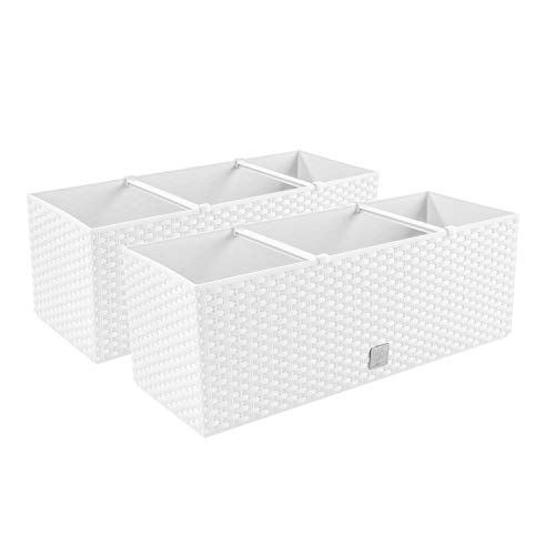 PAFEN 2X Blumenkasten Blumentopf Rattan-Optik - 60 x 25 x 24 cm - Pflanztopf Bewässerungssystem Balkonkasten Pflanzkästen, Weiß von PAFEN