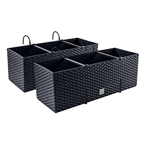 PAFEN 2X Blumenkasten Blumentopf Rattan-Optik mit Halterungen Pflanztopf Balkonkasten Pflanzkästen, Anthrazit von PAFEN