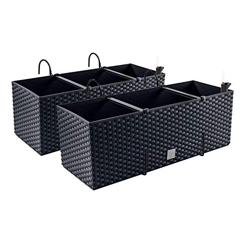 PAFEN 2X Blumenkasten Blumentopf Rattan-Optik mit Halterungen Pflanztopf Wasserstandsanzeiger Balkonkasten Pflanzkästen von PAFEN