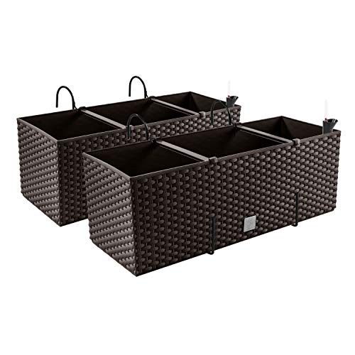 PAFEN 2X Blumenkasten Blumentopf Rattan-Optik mit Halterungen Pflanztopf Wasserstandsanzeiger Balkonkasten Pflanzkästen von PAFEN