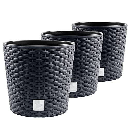 PAFEN 3X Blumentopf RATTO Rattan-Optik Kunststoff Topf Blumenkübel inkl. Einsatz Übertopf Anthrazit ⌀30cm von PAFEN