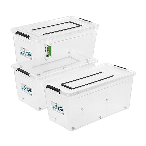 3x Aufbewahrungsbox 75L mit Rollen und Griff - 39 x 35 x 76 cm - Transparent Boxen Aufbewahrung Stapelboxen mit Verschlussclips Kunststoffbehälter von PAFEN
