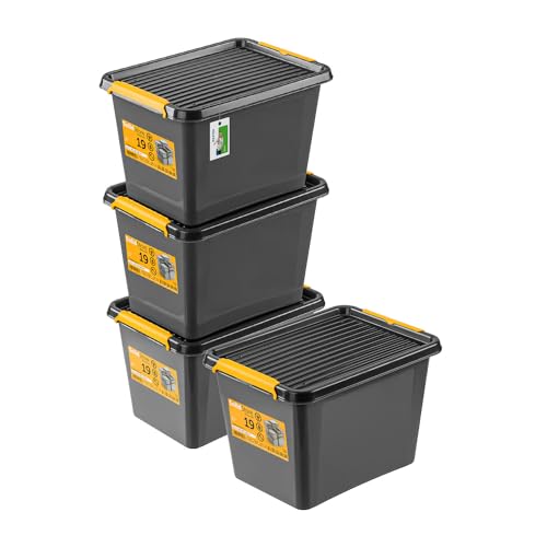 4x Robuster Aufbewahrungsbox 19L mit Deckel - 39 x 29 x 26 cm - Behälter für besondere Aufgaben Aufbewahrungsbehälter Boxen Aufbewahrung Stapelboxen mit Verschlussclips Kunststoffbehälter von PAFEN