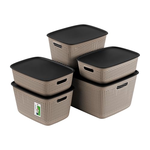 Aufbewahrungsbox 5er Set Deko-Box - 1x 45 Liter, 2x 10 Liter, 2x 17 Liter - Aufbewahrungskorb Behälter aus Kunststoff BPA Free Körbe zur Aufbewahrung Vorratsbehälter Luftzirkulationssystem, Taupe von PAFEN