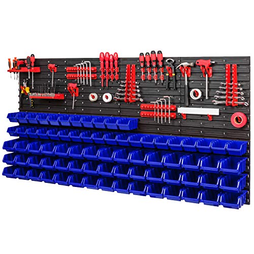 PAFEN Lagersystem - 1544 x 780 mm - Wandregal 75x Blau Stapelboxen und 38 stück Rot Werkzeughalter | Wandplatten mit Zubehörteile von PAFEN