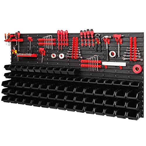 PAFEN Lagersystem - 1544 x 780 mm - Wandregal 75x Schwarz Stapelboxen und 38 stück Rot Werkzeughalter | Wandplatten mit Zubehörteile von PAFEN
