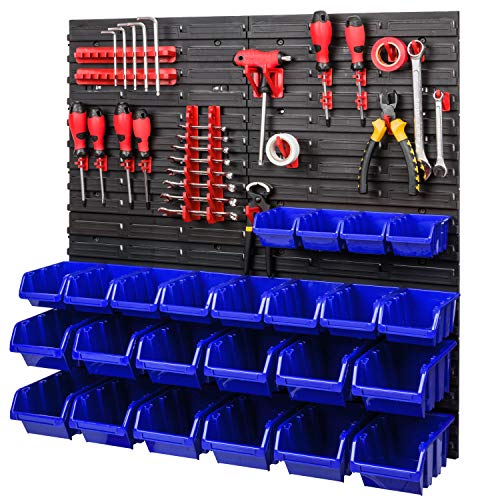 Lagersystem | 772 x 780 mm | Wandregal mit Stapelboxen - 42 tlg. Rot Werkzeughalter + Blau Boxen von PAFEN