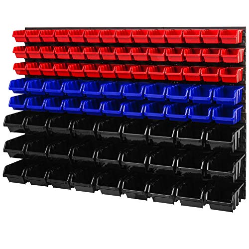Lagersystem Wandregal – 1158 x 780 mm - Stapelboxen Sichtlagerkästen Schüttenregal – Wandplatten SET mit 3 Arten von Boxen (Rot/Blau/Schwarz) von PAFEN