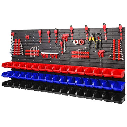 Lagersystem Wandregal - 1544 x 780 mm – 48 Stapelboxen mit Wandplatten + Werkzeughalter – Werkstattwand Set XXL 84 Elemente (Rot/Schwarz/Blau) von PAFEN